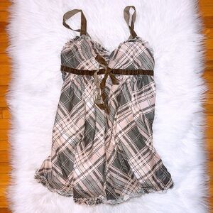 V-Neck Plaid Ruffled-Trim Bow Accent A-Line Camisole Top / Short Sleeve Top